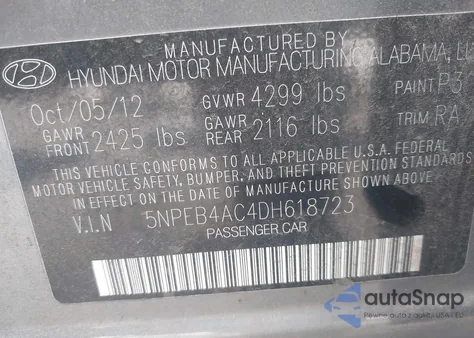 2013 Hyundai Sonata Gls z USA, uszkodzony, nr VIN 5NPEB4AC4DH618723